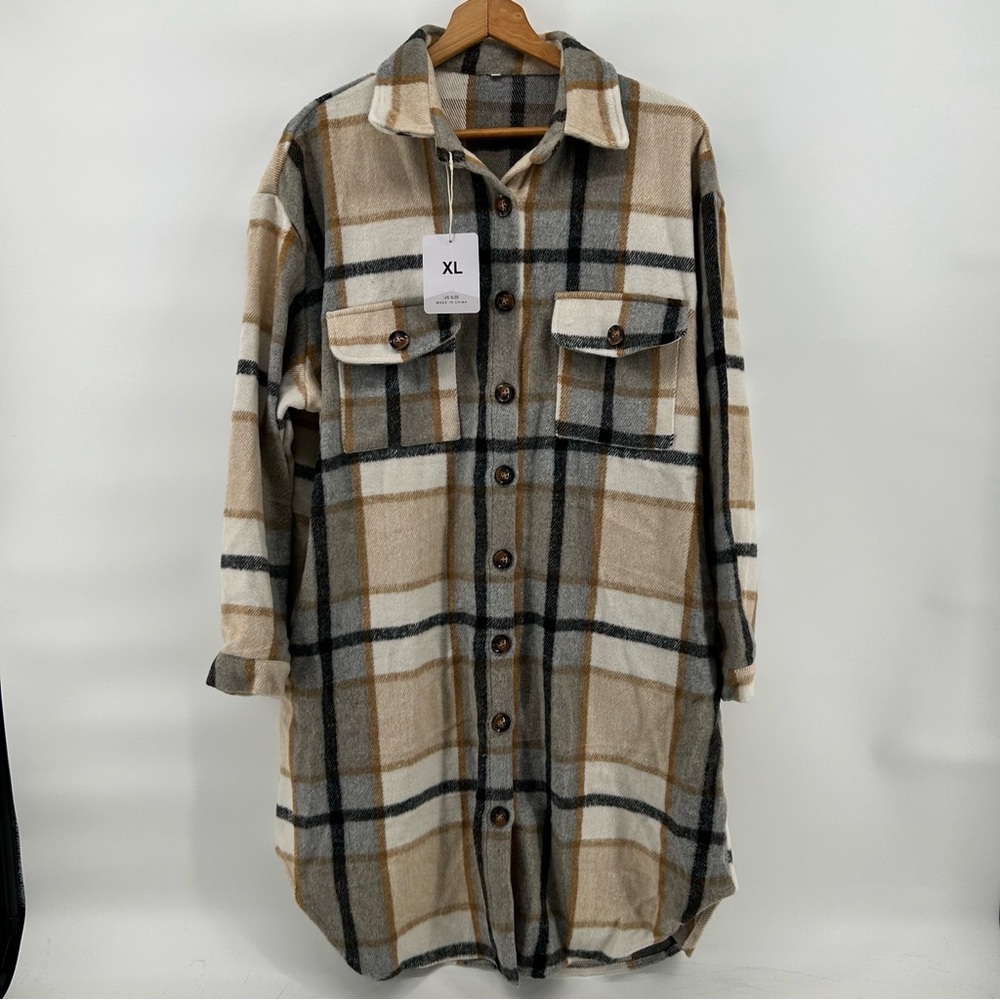 Skikyan Flannel Shacket Womens XL Plaid Long Cabincore Button Up Cozy Rustic NEW